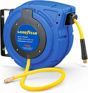 Goodyear Air Hose Reel Retractable 3/8" Inch x 50' Foot Hybrid Polymer Hose Max 300PSI Commerical Polypropylene Construction