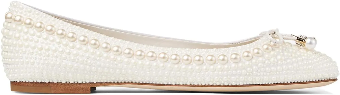 Goolita Pearl Ballet Flats for Women, Round Toe Crystal Bow Slip On Ballerina Flat Shoes Comfortable Evening Bridal Shoes for Wedding