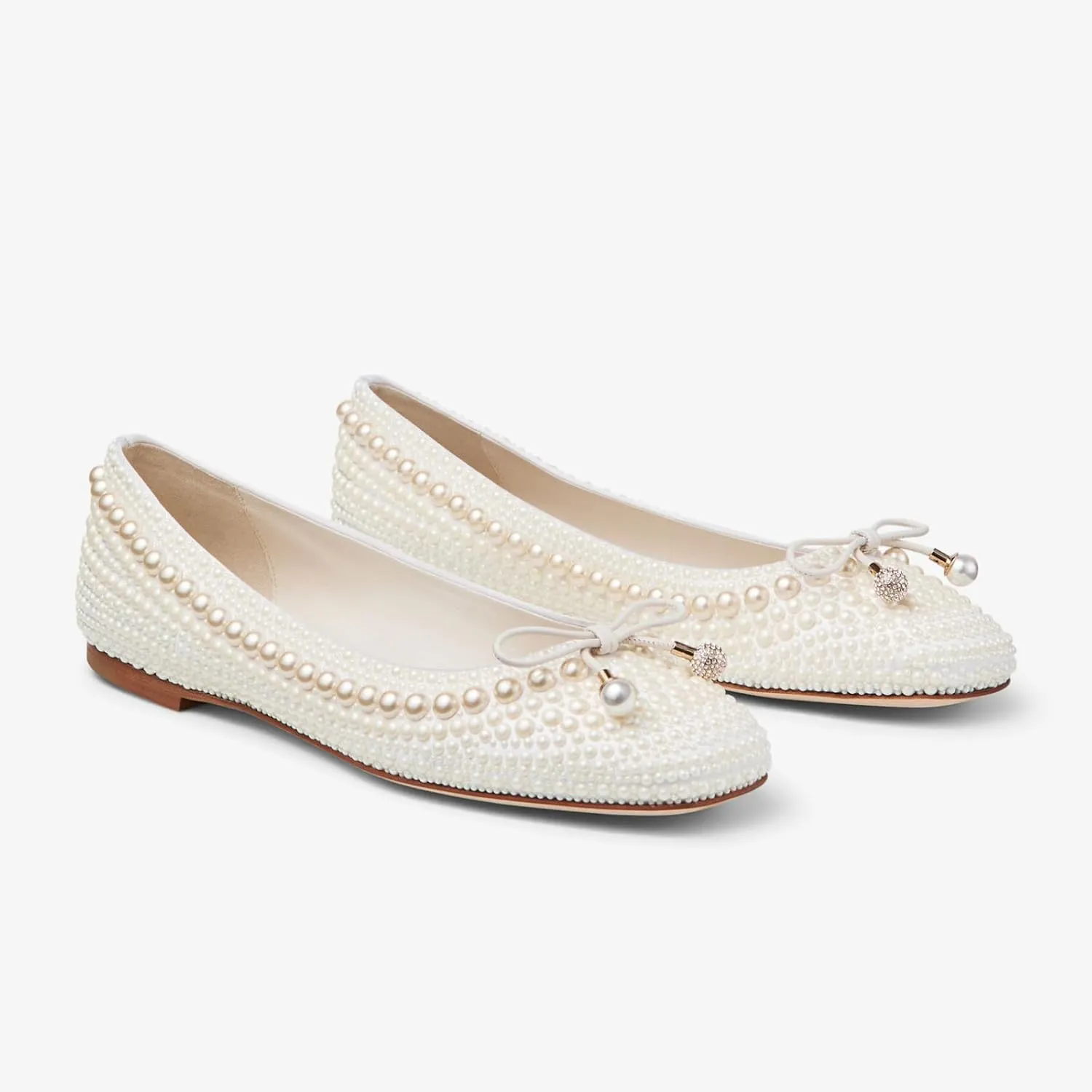 Goolita Pearl Ballet Flats for Women, Round Toe Crystal Bow Slip On Ballerina Flat Shoes Comfortable Evening Bridal Shoes for Wedding