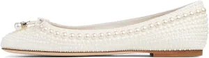 Goolita Pearl Ballet Flats for Women, Round Toe Crystal Bow Slip On Ballerina Flat Shoes Comfortable Evening Bridal Shoes for Wedding
