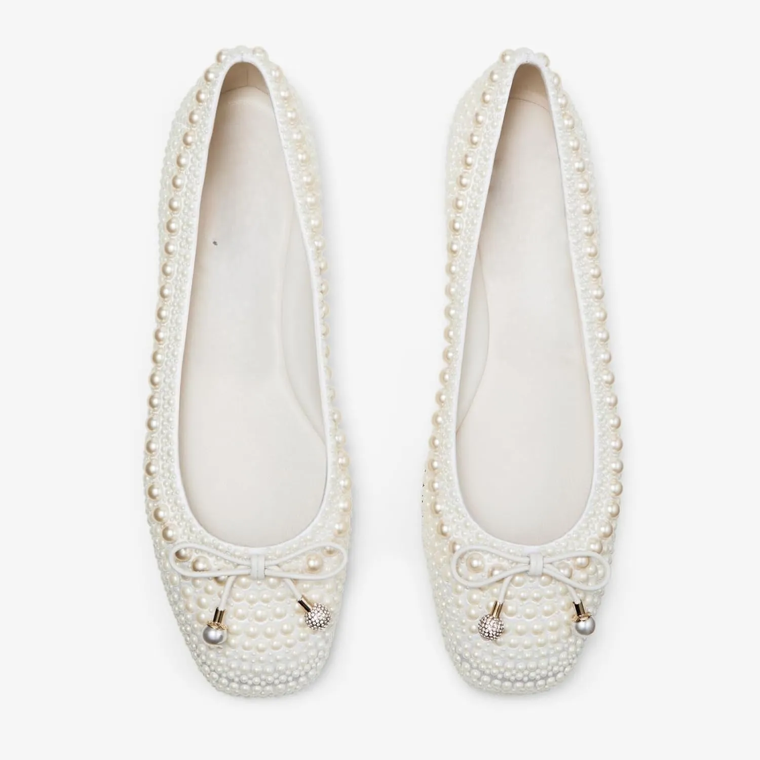 Goolita Pearl Ballet Flats for Women, Round Toe Crystal Bow Slip On Ballerina Flat Shoes Comfortable Evening Bridal Shoes for Wedding