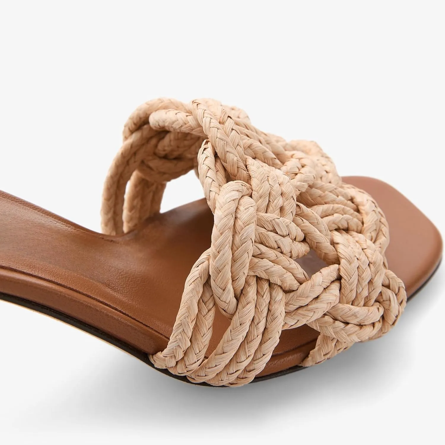 Goolita Woven Raffia Mule Heels For Women, Stiletto Heel Open Square Toe Heeled Sandals Braided Backless Slip On Sandals for Party