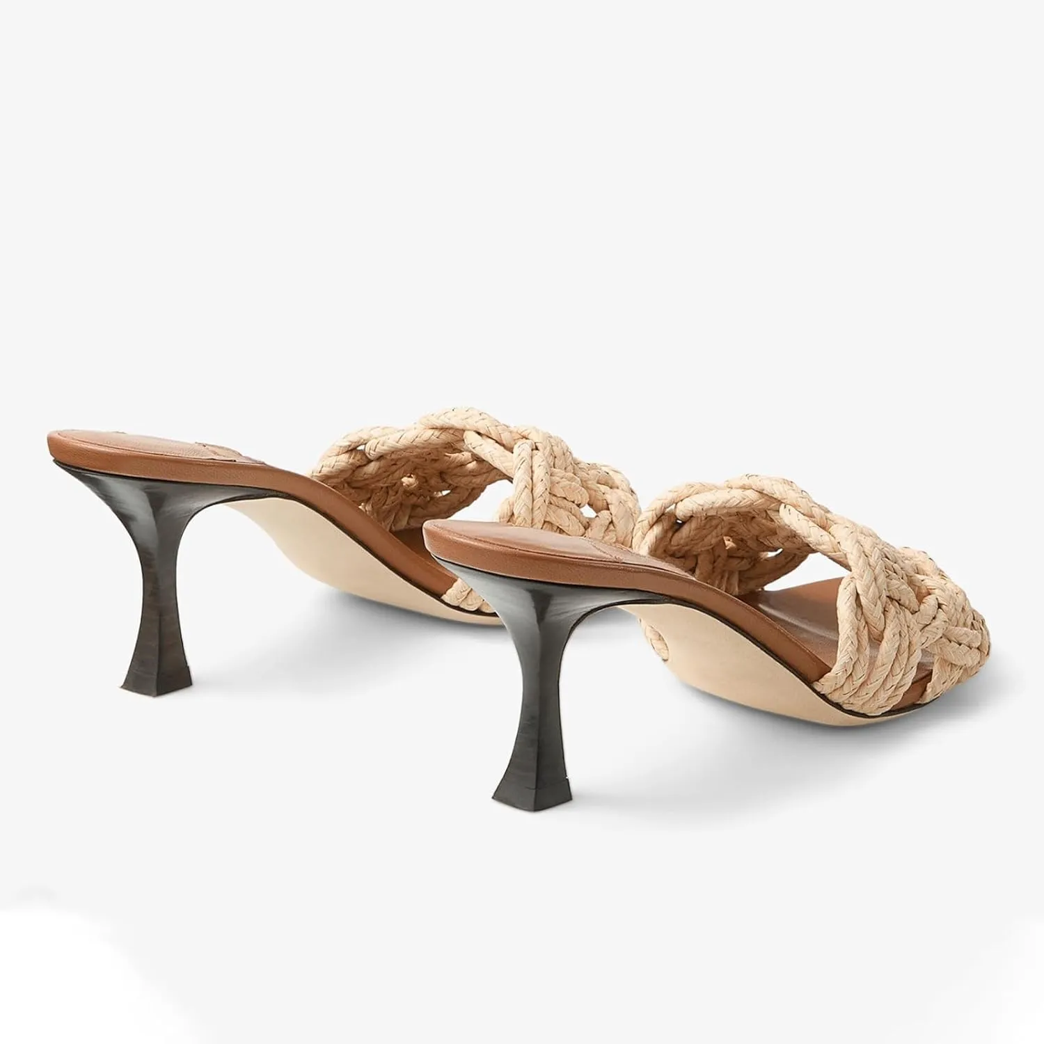 Goolita Woven Raffia Mule Heels For Women, Stiletto Heel Open Square Toe Heeled Sandals Braided Backless Slip On Sandals for Party