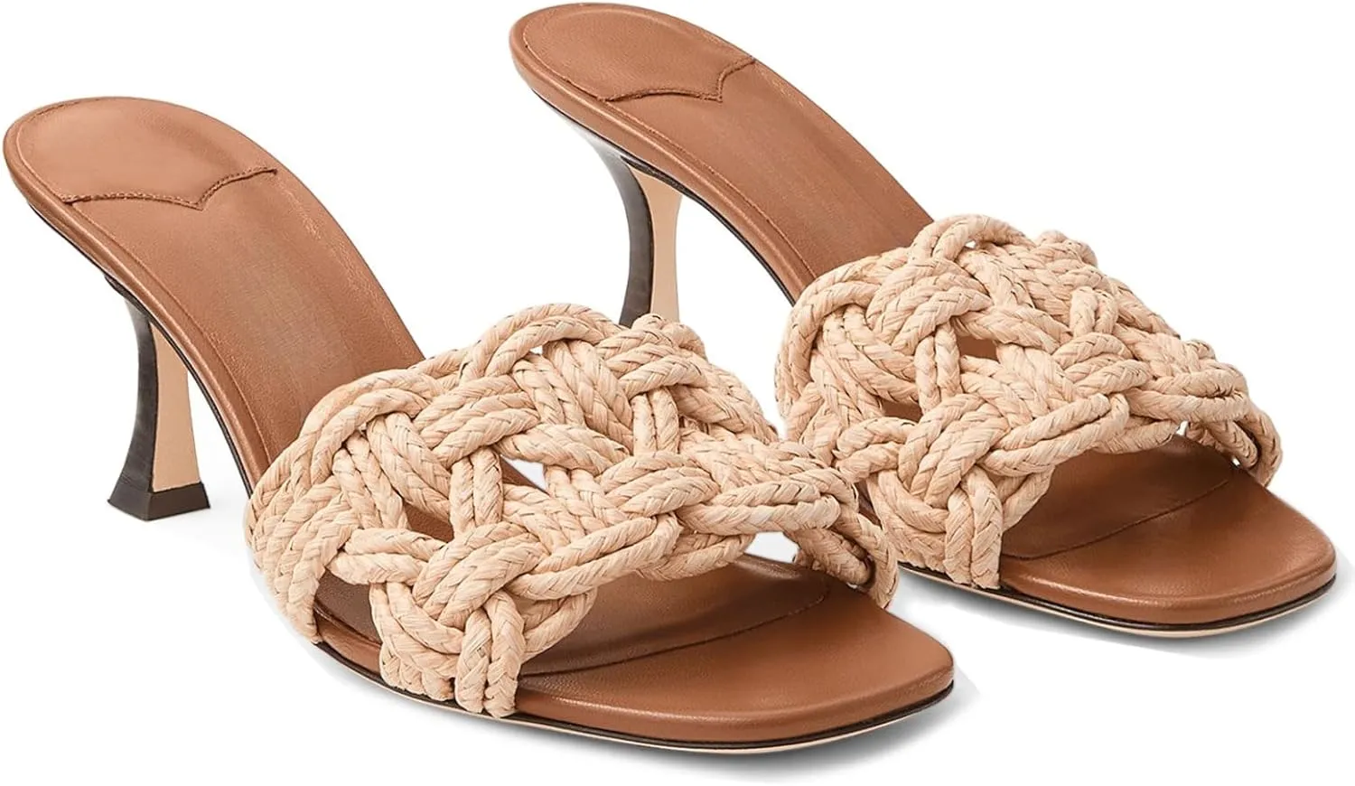 Goolita Woven Raffia Mule Heels For Women, Stiletto Heel Open Square Toe Heeled Sandals Braided Backless Slip On Sandals for Party