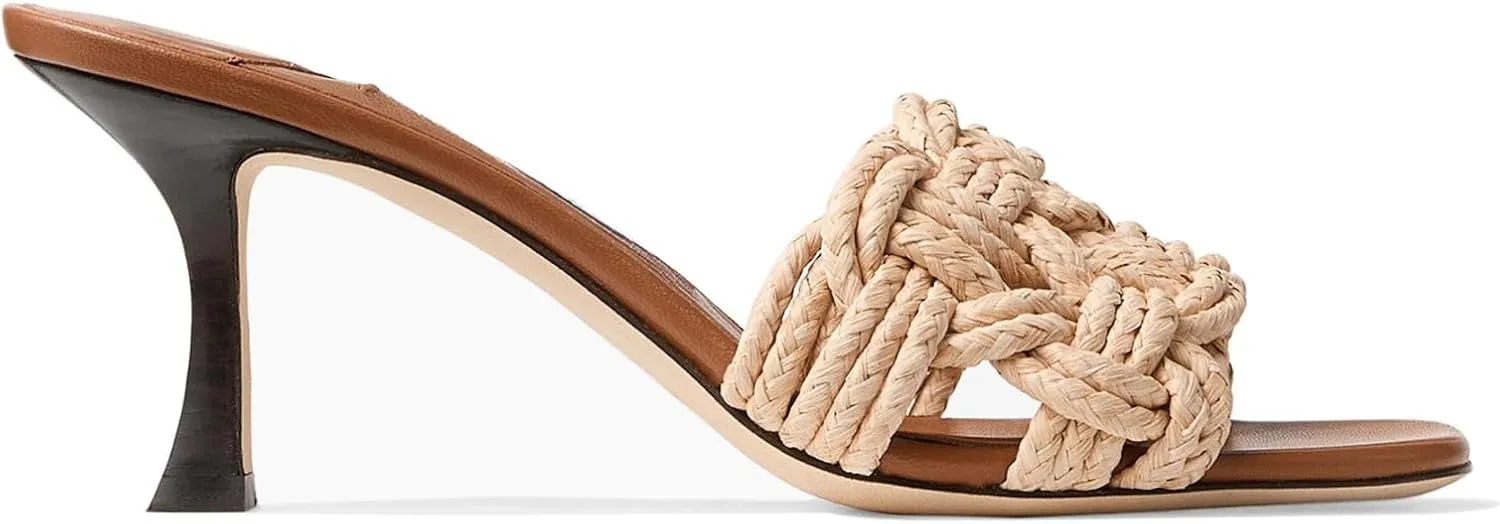 Goolita Woven Raffia Mule Heels For Women, Stiletto Heel Open Square Toe Heeled Sandals Braided Backless Slip On Sandals for Party
