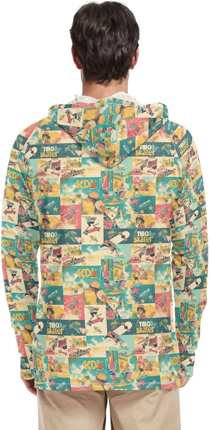 Graffiti Tropical Vintage Sun Protection Hoodies Long Sleeve Mens Sun Shirts UPF 50  Sunproof Shirts Rash Guard Hooded