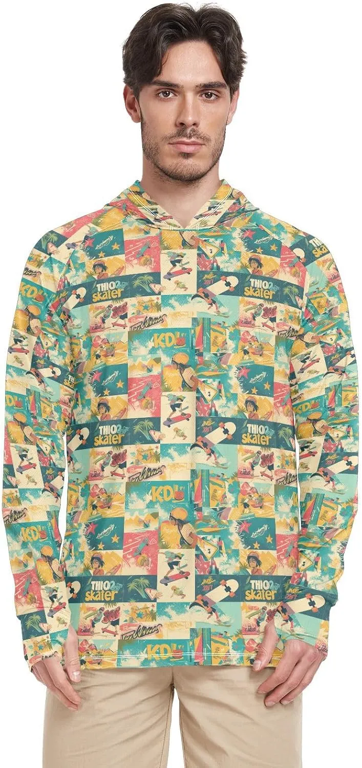 Graffiti Tropical Vintage Sun Protection Hoodies Long Sleeve Mens Sun Shirts UPF 50  Sunproof Shirts Rash Guard Hooded