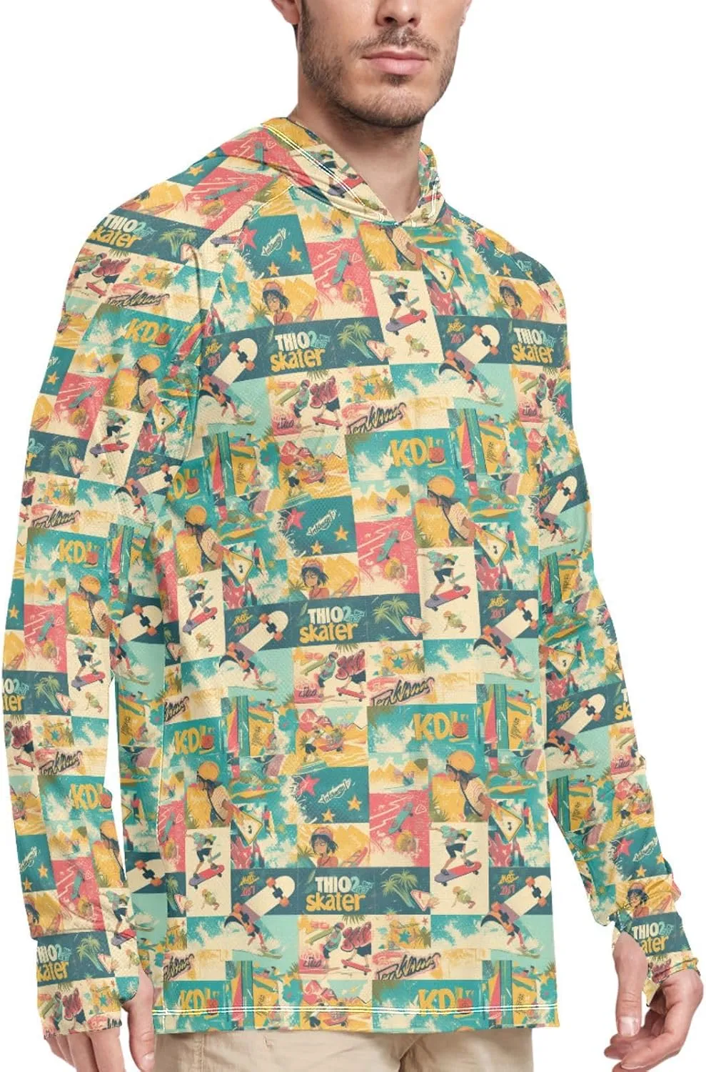 Graffiti Tropical Vintage Sun Protection Hoodies Long Sleeve Mens Sun Shirts UPF 50  Sunproof Shirts Rash Guard Hooded