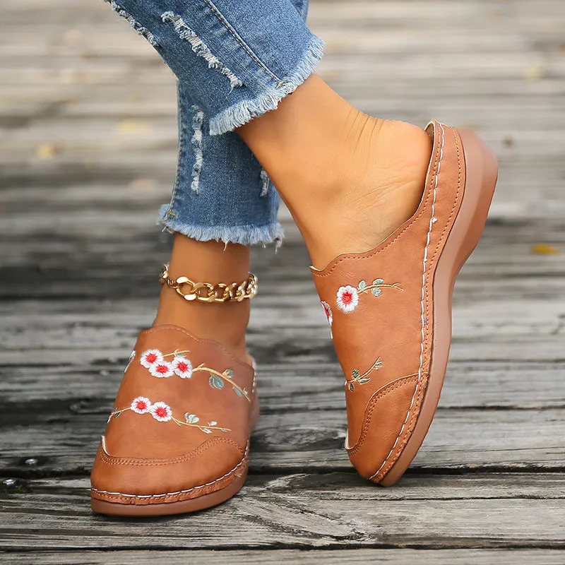 GS Mule | Vintage muiltjes met sleehak en geborduurde bloemen voor dames