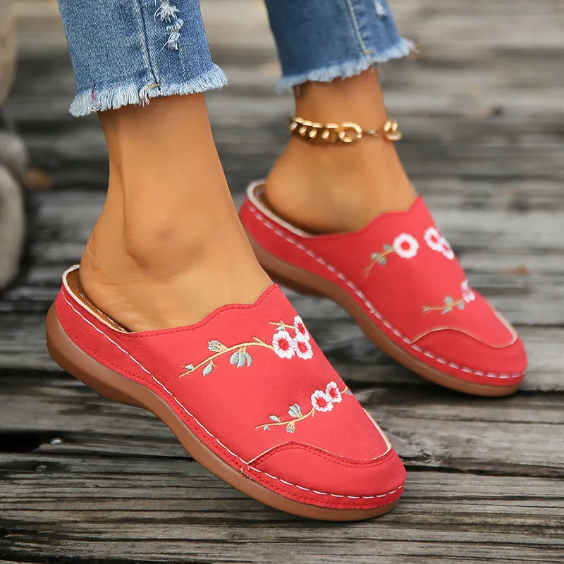 GS Mule | Vintage muiltjes met sleehak en geborduurde bloemen voor dames