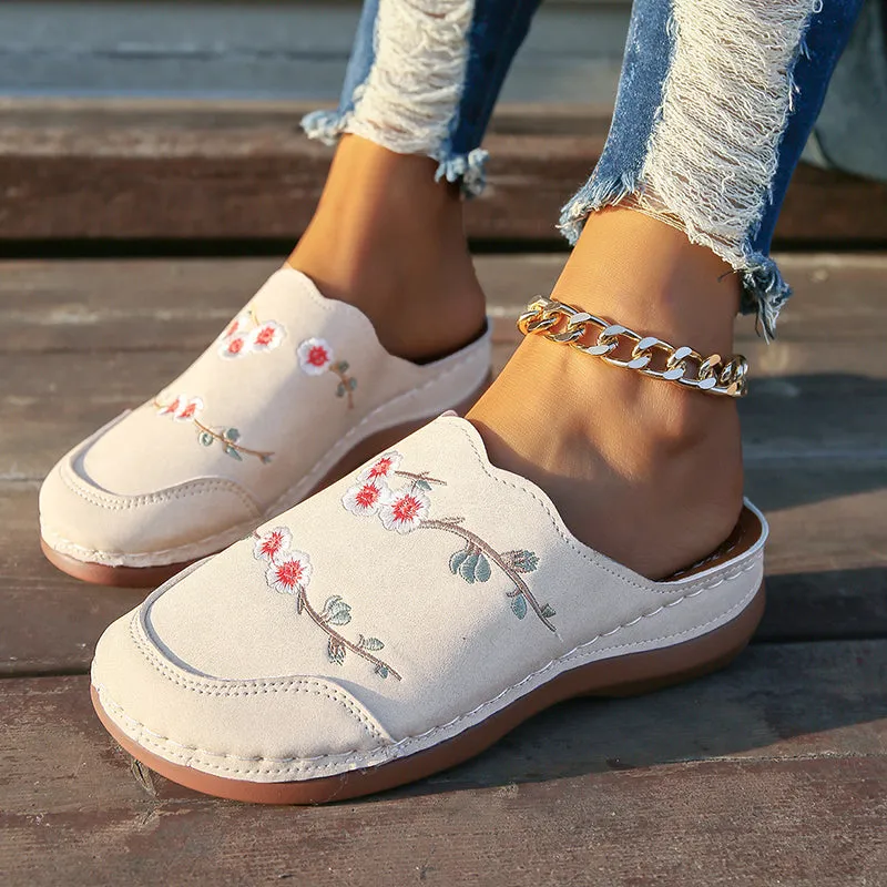 GS Mule | Vintage muiltjes met sleehak en geborduurde bloemen voor dames