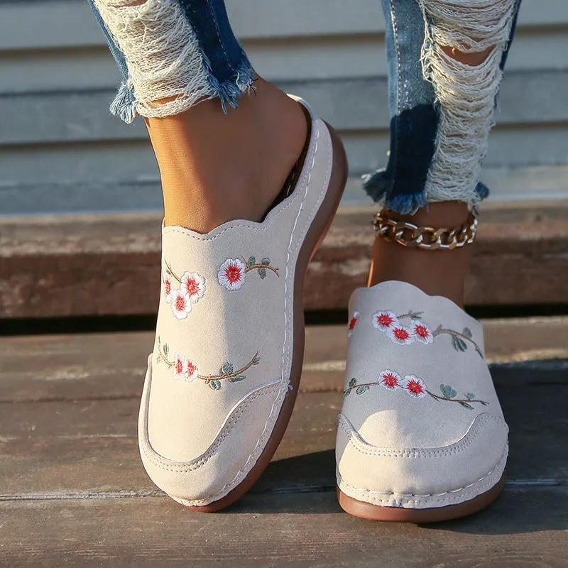GS Mule | Vintage muiltjes met sleehak en geborduurde bloemen voor dames