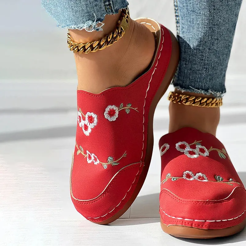 GS Mule | Vintage muiltjes met sleehak en geborduurde bloemen voor dames