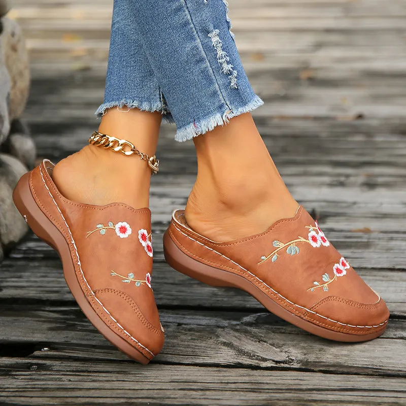 GS Mule | Vintage muiltjes met sleehak en geborduurde bloemen voor dames
