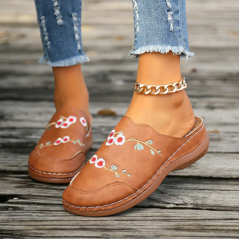 GS Mule | Vintage muiltjes met sleehak en geborduurde bloemen voor dames