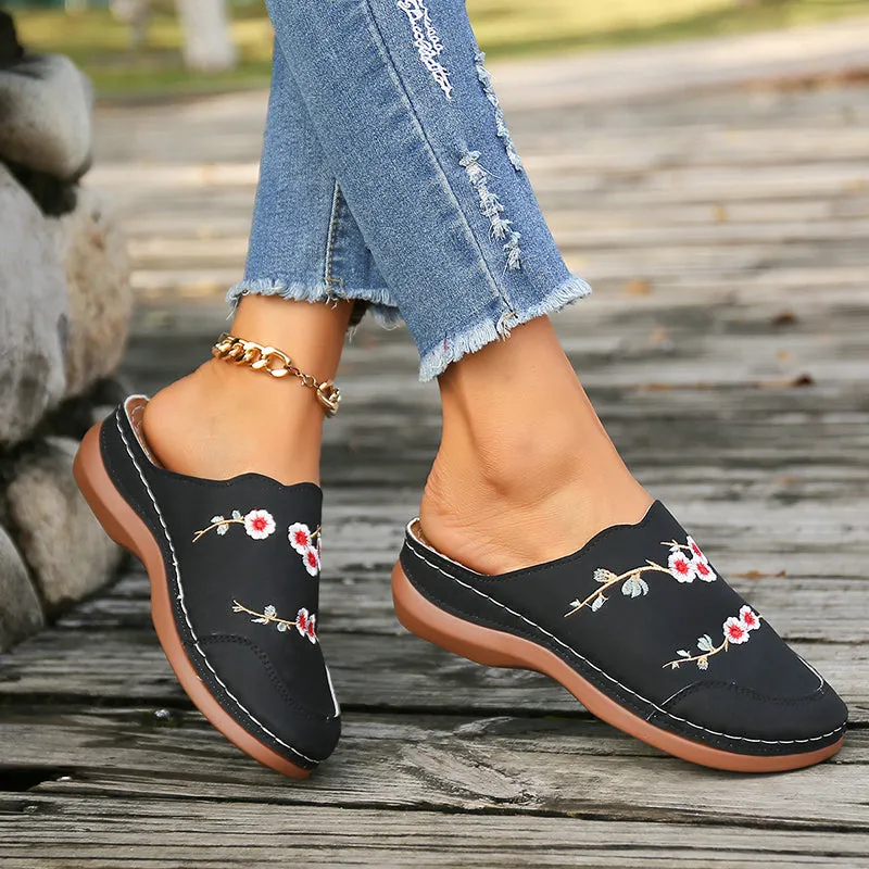 GS Mule | Vintage muiltjes met sleehak en geborduurde bloemen voor dames
