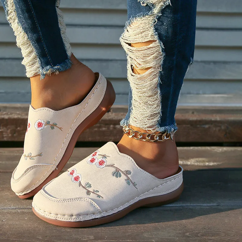 GS Mule | Vintage muiltjes met sleehak en geborduurde bloemen voor dames