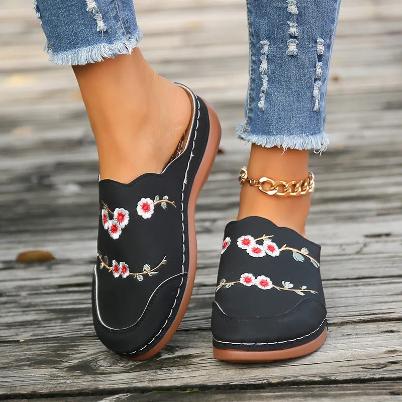 GS Mule | Vintage muiltjes met sleehak en geborduurde bloemen voor dames