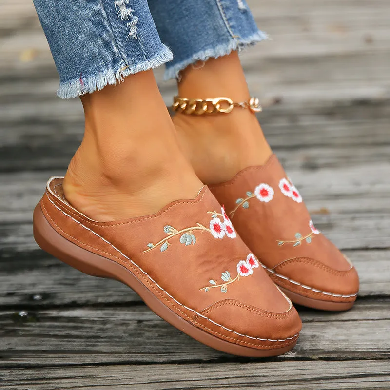 GS Mule | Vintage muiltjes met sleehak en geborduurde bloemen voor dames