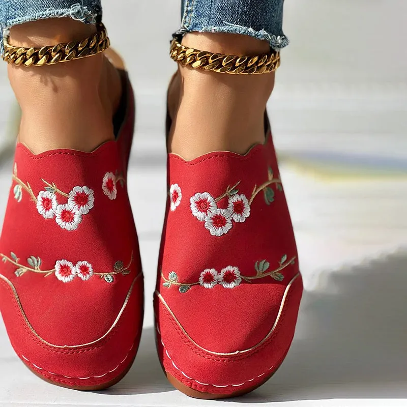 GS Mule | Vintage muiltjes met sleehak en geborduurde bloemen voor dames