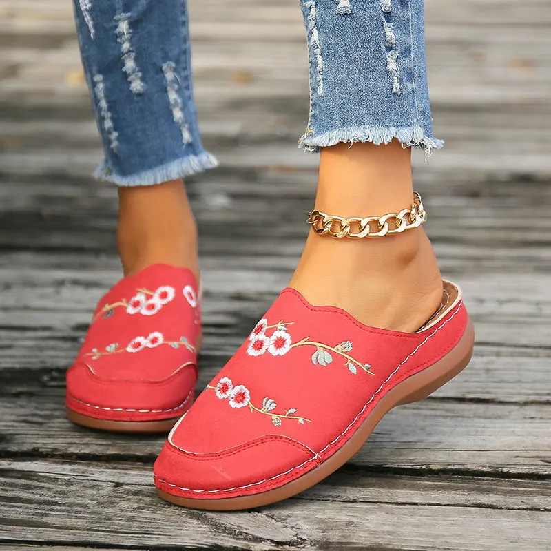 GS Mule | Vintage muiltjes met sleehak en geborduurde bloemen voor dames