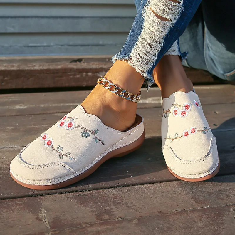 GS Mule | Vintage muiltjes met sleehak en geborduurde bloemen voor dames