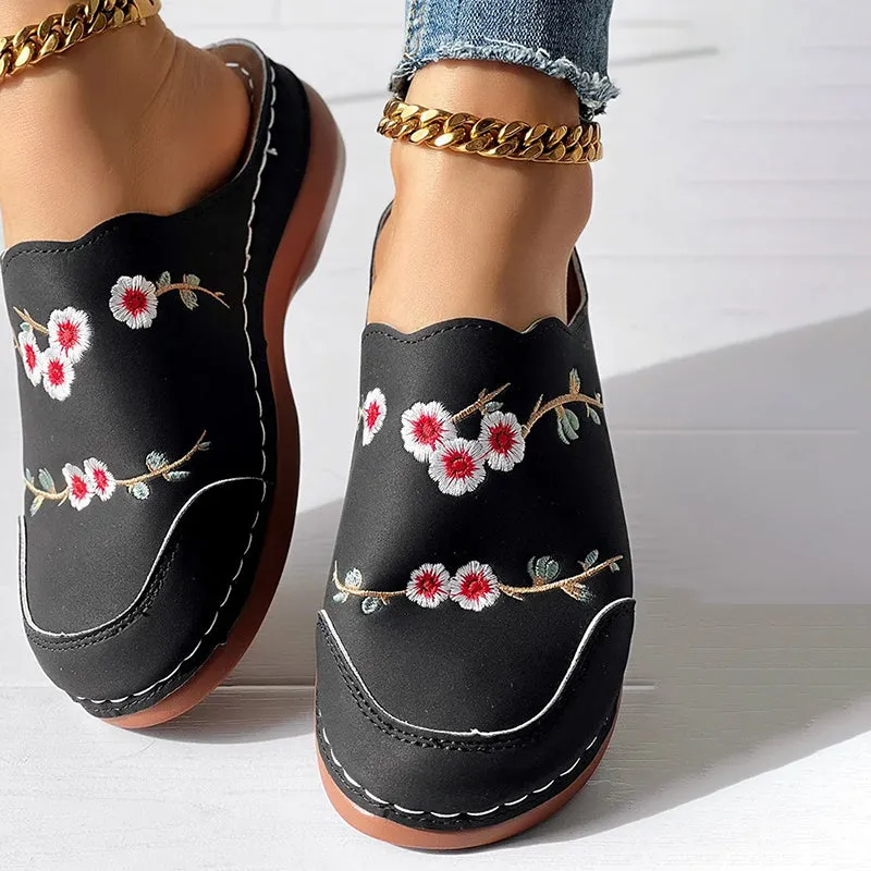 GS Mule | Vintage muiltjes met sleehak en geborduurde bloemen voor dames