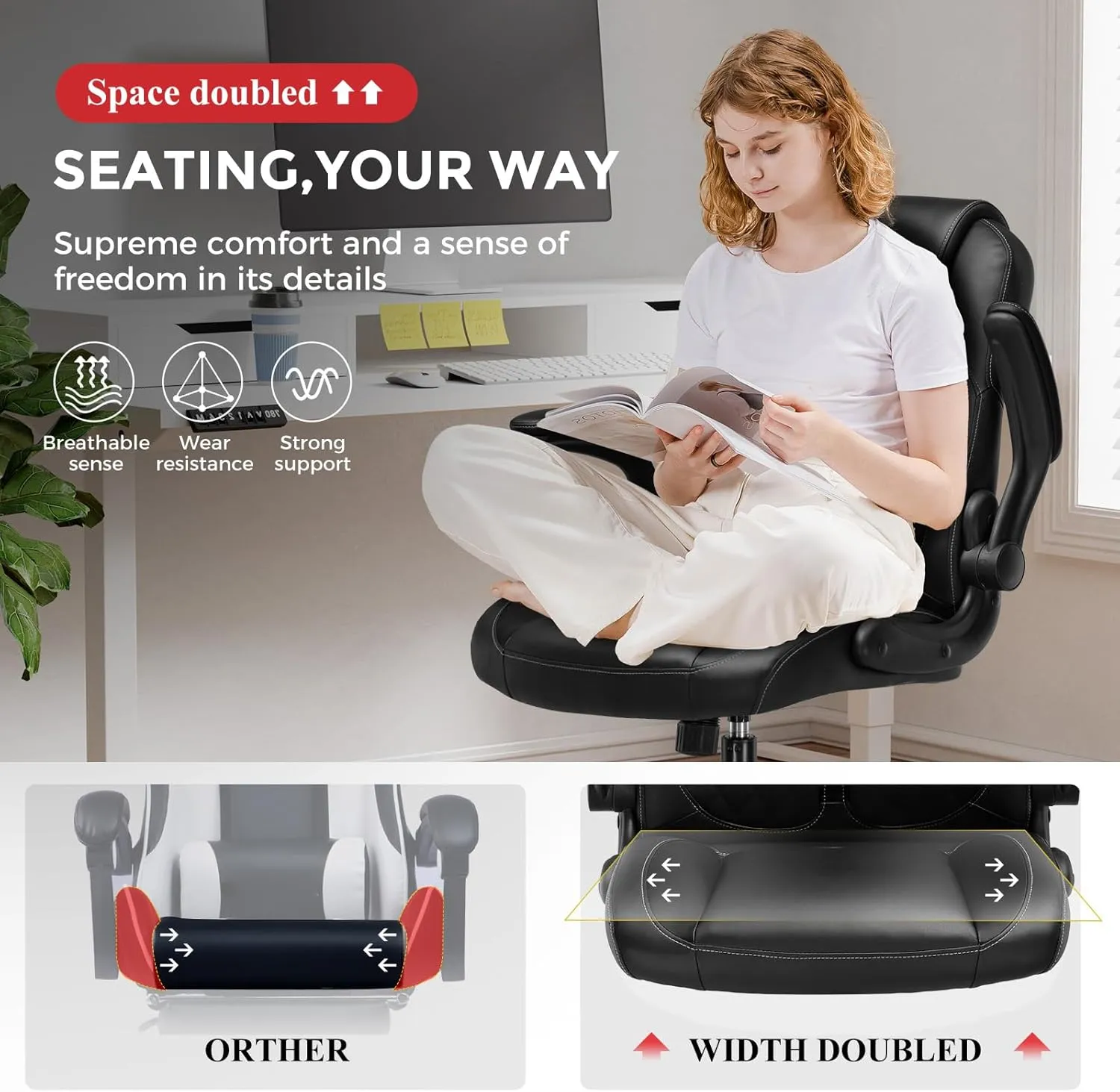 GTRACING Office Computer Gaming Chair Ergonomic Desk Chair for Adults with Lumbar Support Flip-Up Arms Adjustable Height Swivel Wheels PU Leather Executive Design for Short People Use, Black