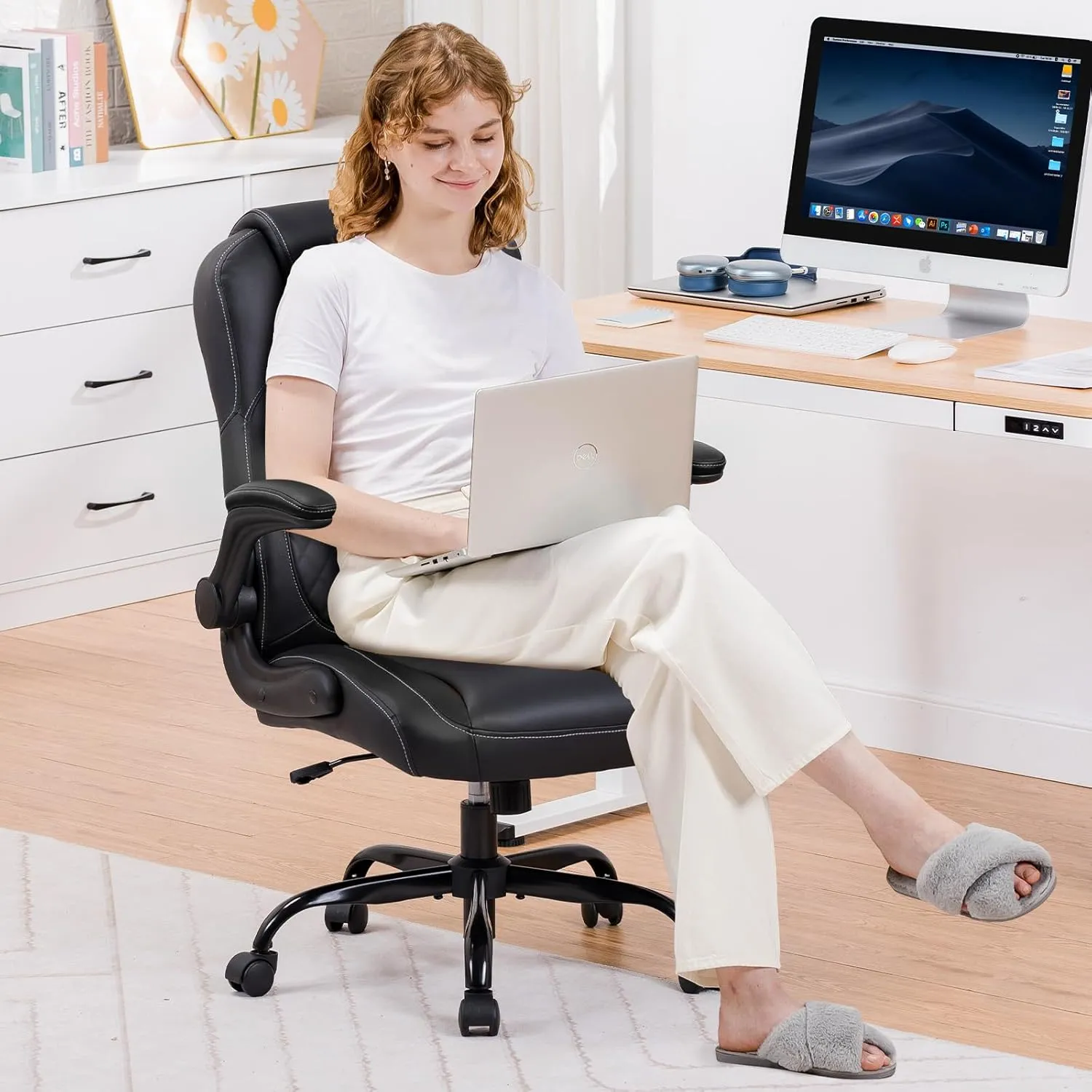 GTRACING Office Computer Gaming Chair Ergonomic Desk Chair for Adults with Lumbar Support Flip-Up Arms Adjustable Height Swivel Wheels PU Leather Executive Design for Short People Use, Black
