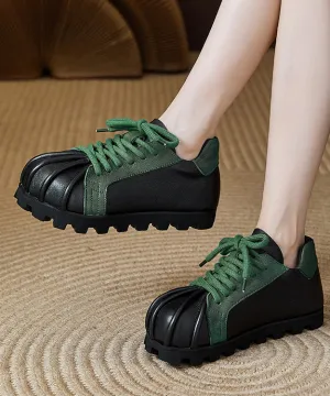 Handmade Retro Black Cowhide Leather Flat Shoes Splicing Lace Up