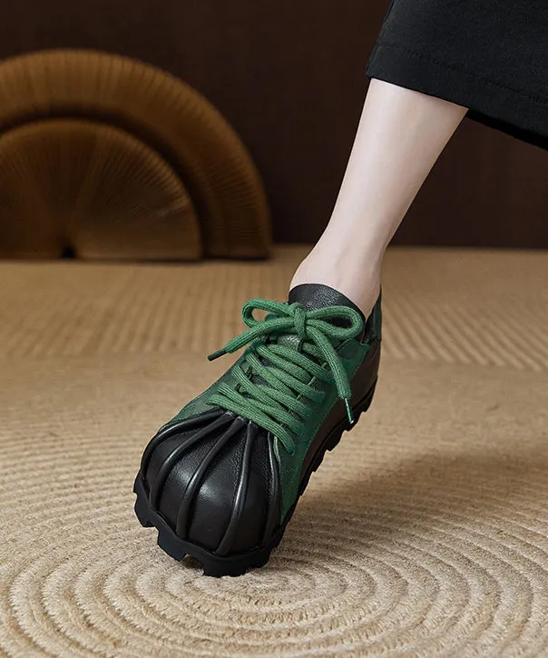 Handmade Retro Black Cowhide Leather Flat Shoes Splicing Lace Up