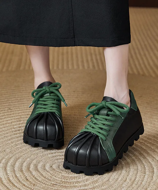 Handmade Retro Black Cowhide Leather Flat Shoes Splicing Lace Up