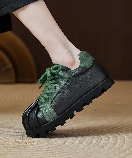 Handmade Retro Black Cowhide Leather Flat Shoes Splicing Lace Up