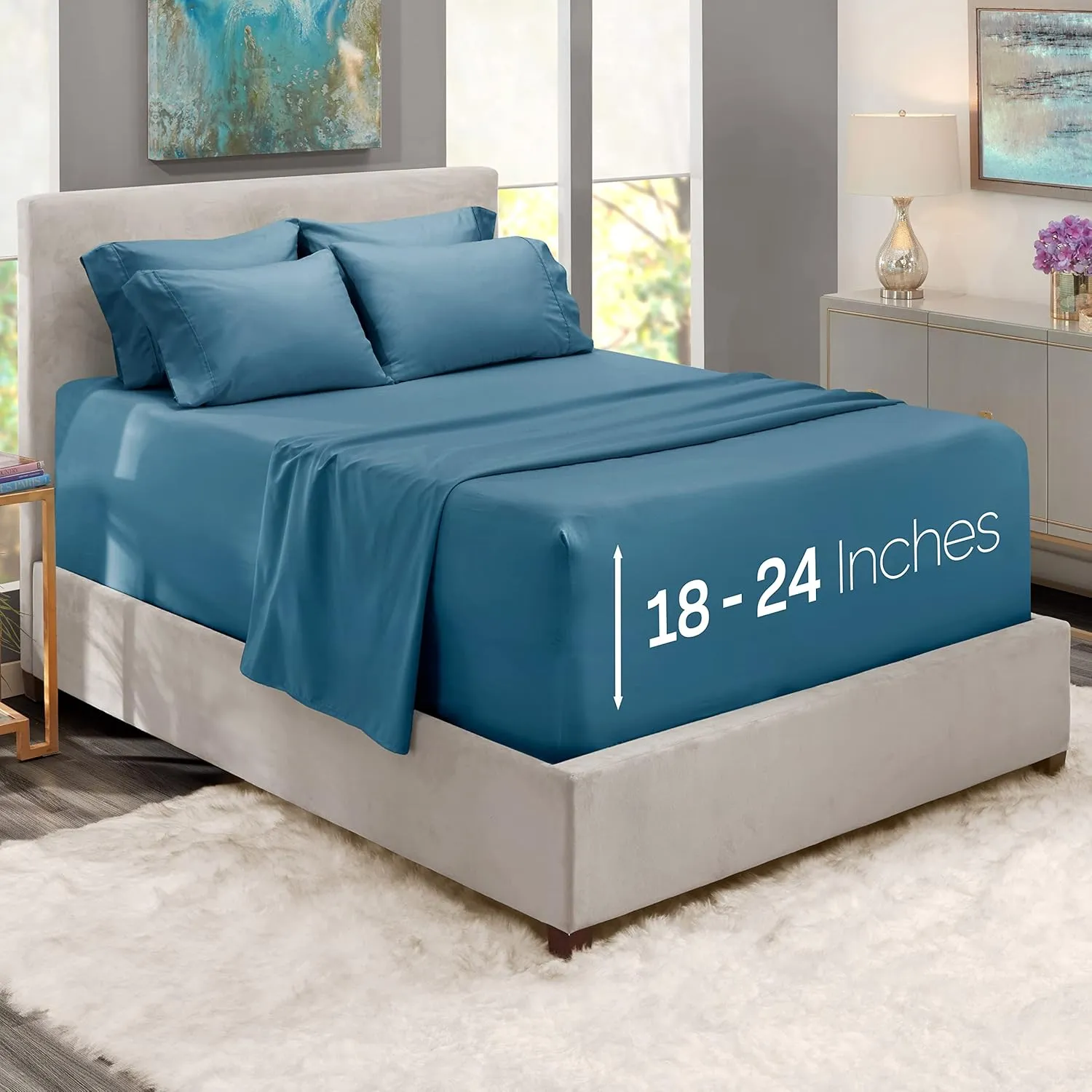 Hearth & Harbor Extra Deep Pocket King Size Sets - Fits Mattress 18-24 Inches Deep - Extra Deep Pocket Sheets - 6 Piece King Size - King - Blue Heaven Sheets