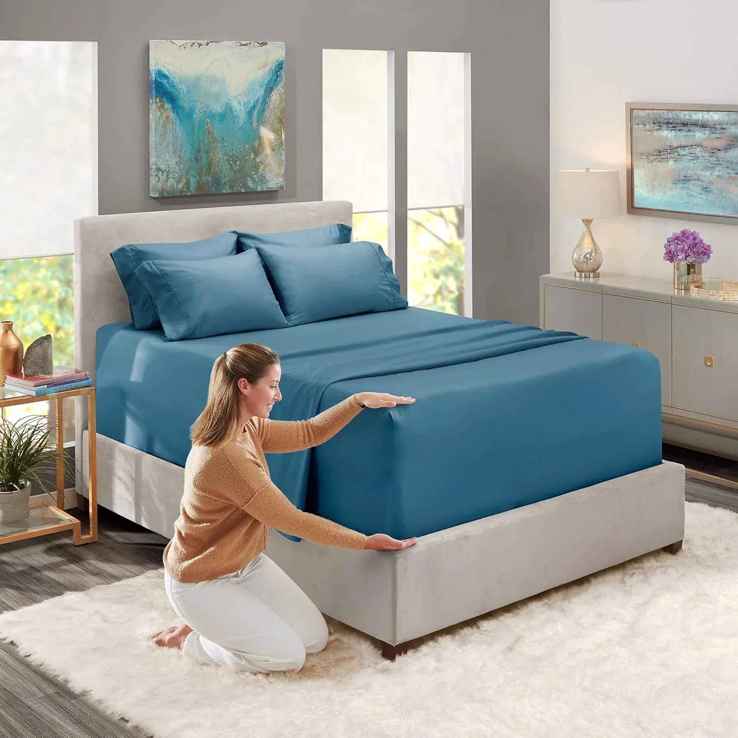 Hearth & Harbor Extra Deep Pocket King Size Sets - Fits Mattress 18-24 Inches Deep - Extra Deep Pocket Sheets - 6 Piece King Size - King - Blue Heaven Sheets