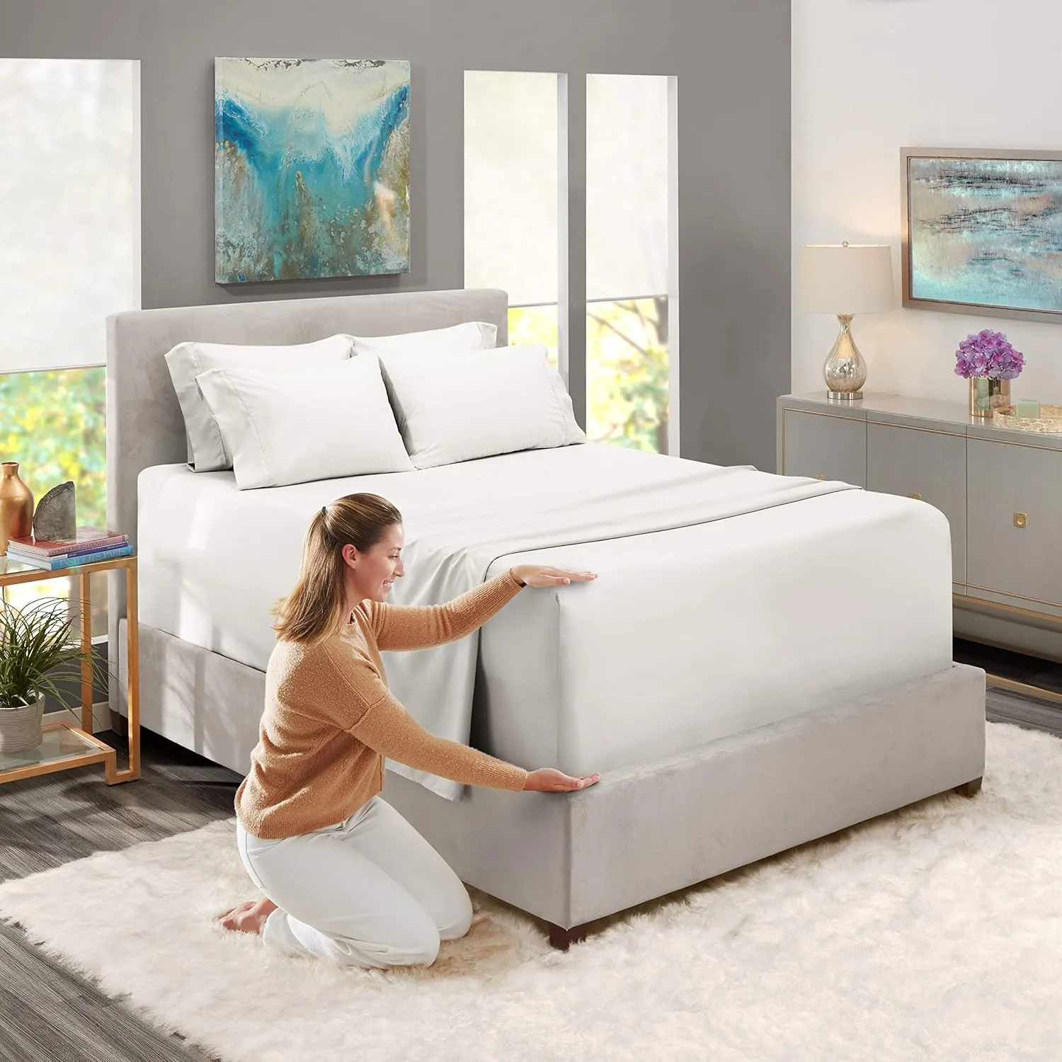 Hearth & Harbor Extra Deep Pocket Queen Sheets Sets - Fits Mattress 18-24 Inches - 6 Piece Queen Size Sheets - White