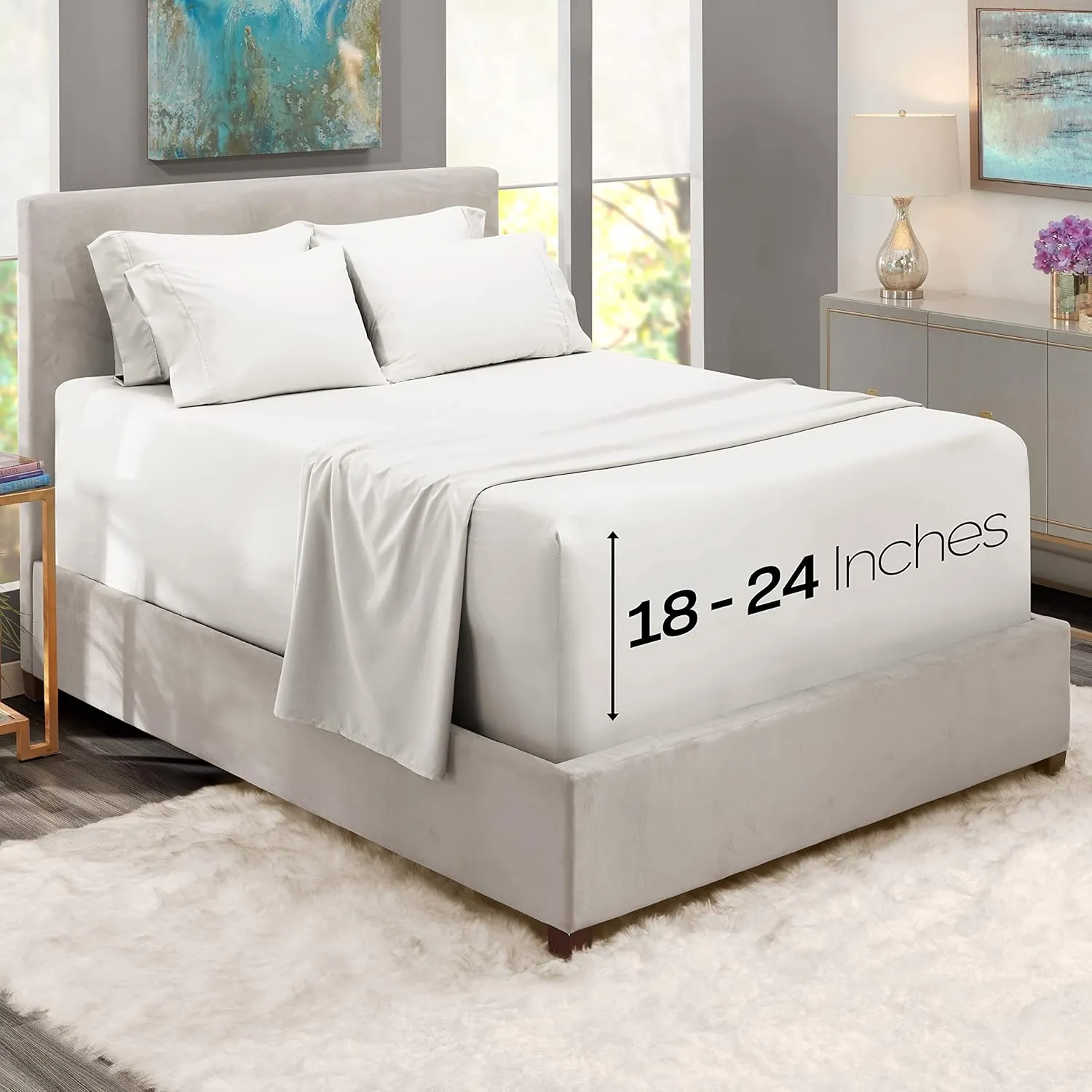 Hearth & Harbor Extra Deep Pocket Queen Sheets Sets - Fits Mattress 18-24 Inches - 6 Piece Queen Size Sheets - White