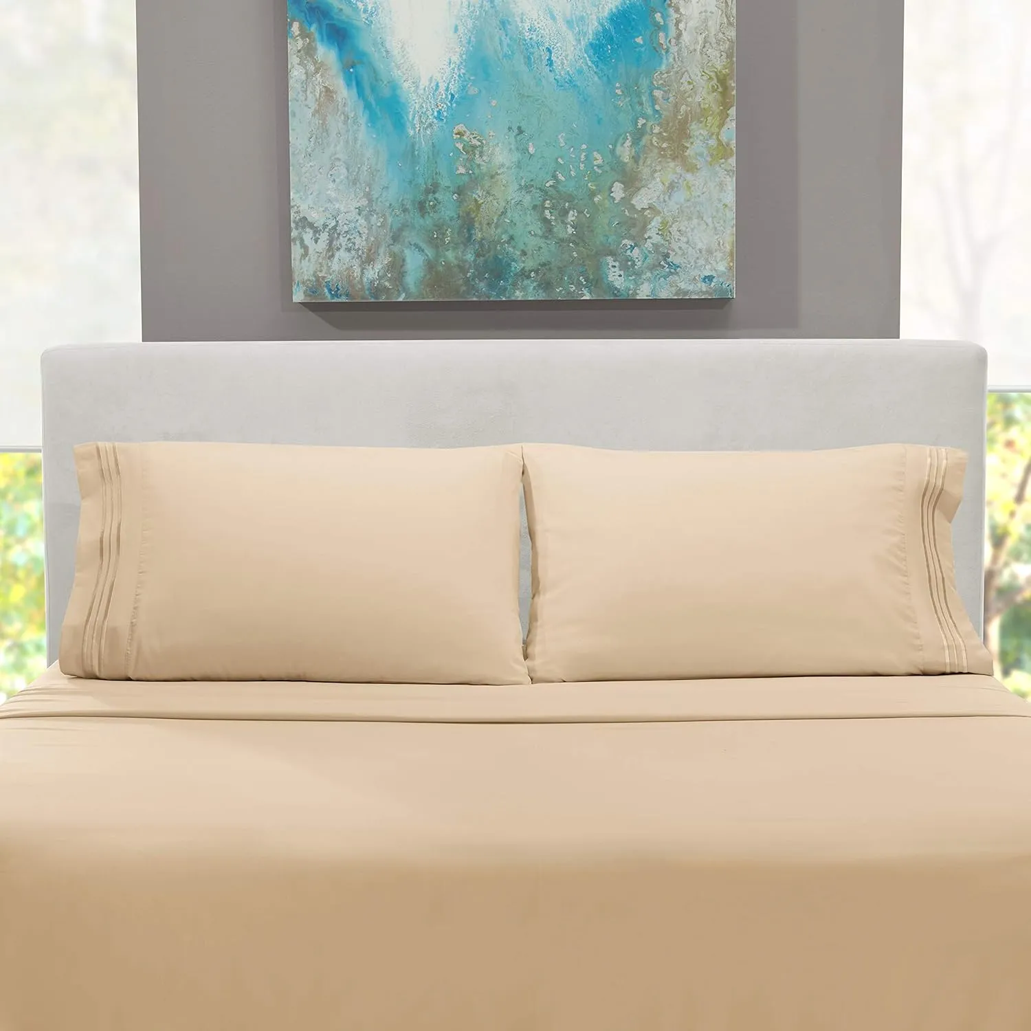 Hearth & Harbor King Size Sheets - 4 Piece Bed Sheet Set, Hotel Luxury Double Brushed Bed Sheets - Extra Soft Bedding Sheets & Pillowcases, King, Beige