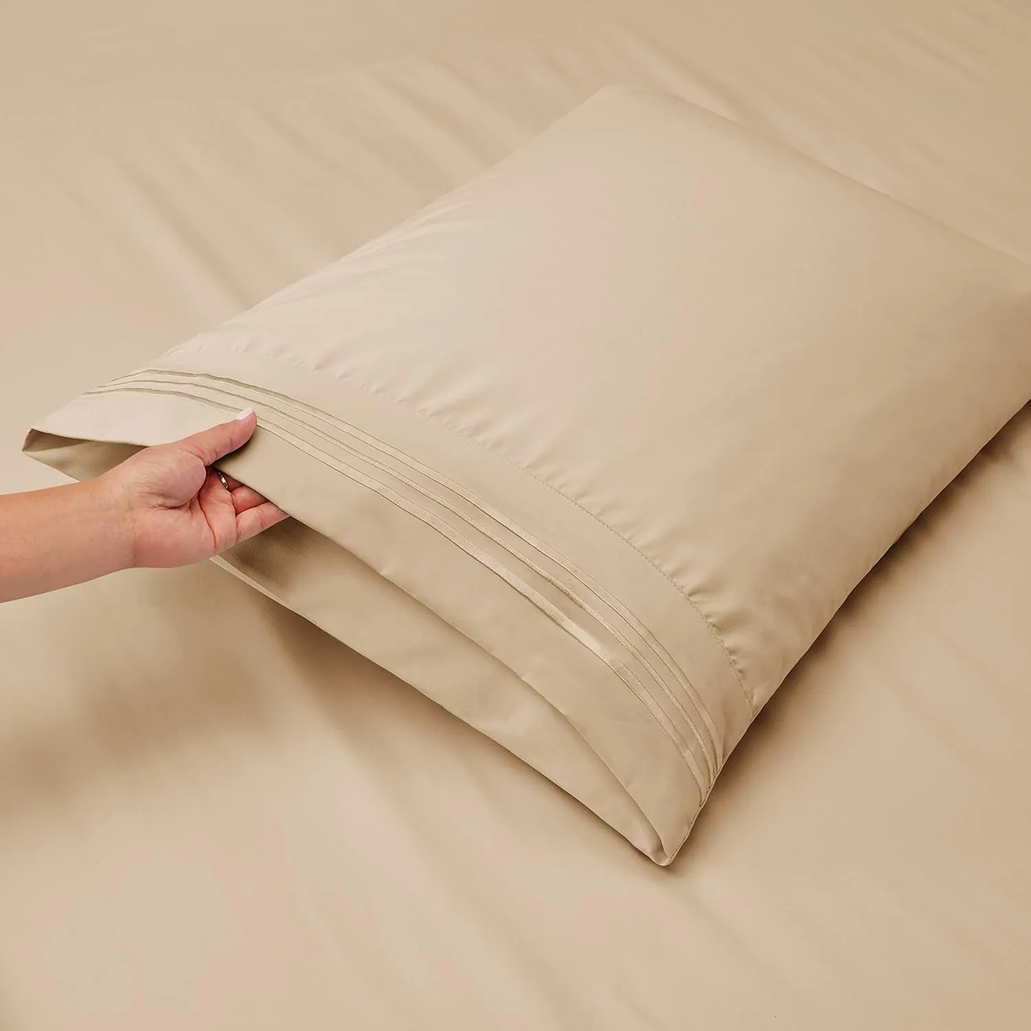 Hearth & Harbor King Size Sheets - 4 Piece Bed Sheet Set, Hotel Luxury Double Brushed Bed Sheets - Extra Soft Bedding Sheets & Pillowcases, King, Beige