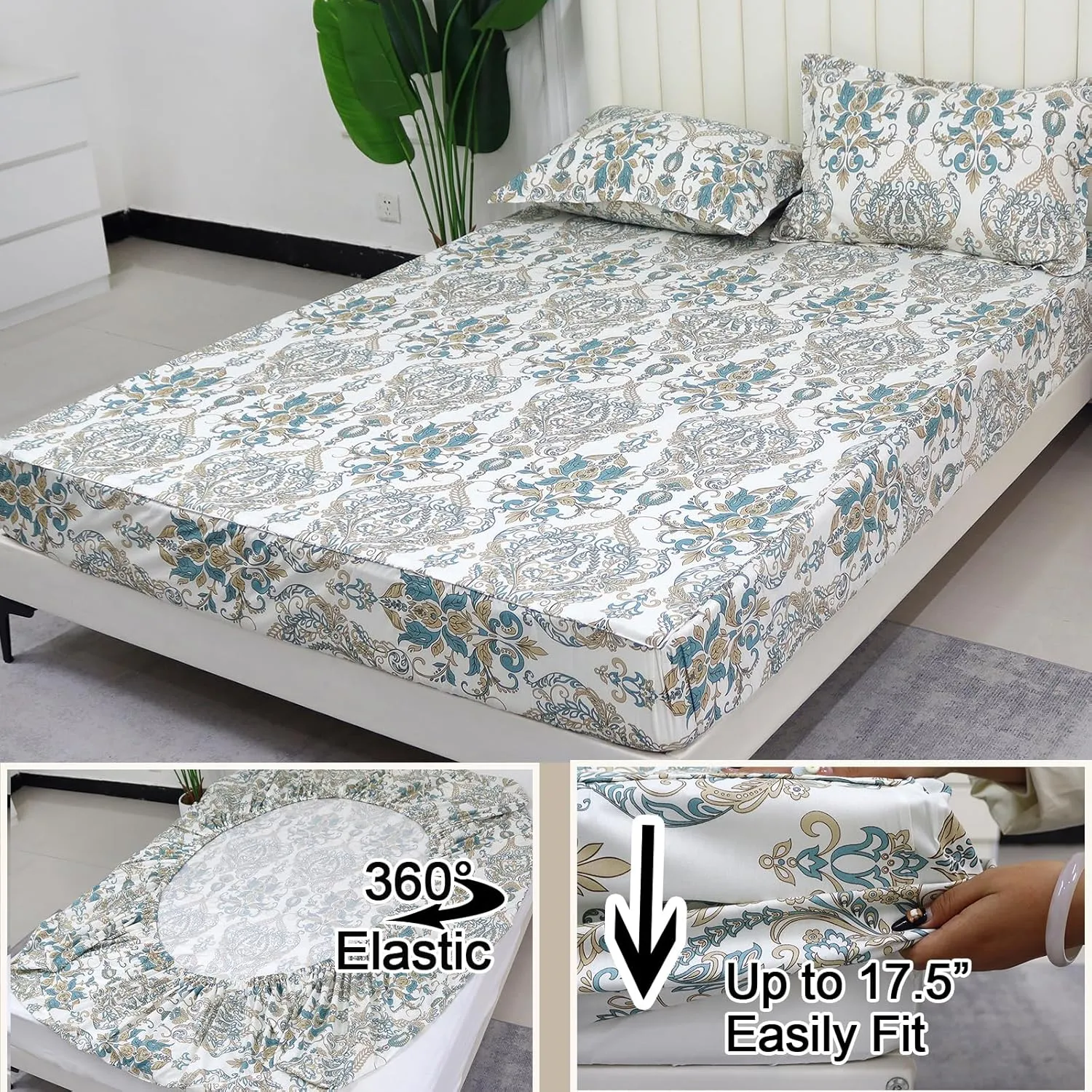 Helthep King Size Bed Sheet Set - 100% Cotton Paisley Patterned Luxury Soft Breathable Percale Sheets with 17.5 Inch Deep Pocket, Boho Style, 4 Pieces