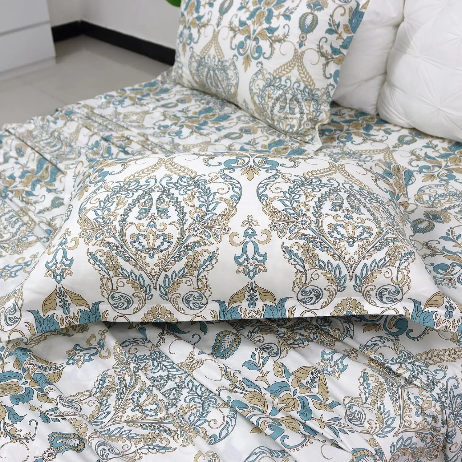 Helthep King Size Bed Sheet Set - 100% Cotton Paisley Patterned Luxury Soft Breathable Percale Sheets with 17.5 Inch Deep Pocket, Boho Style, 4 Pieces