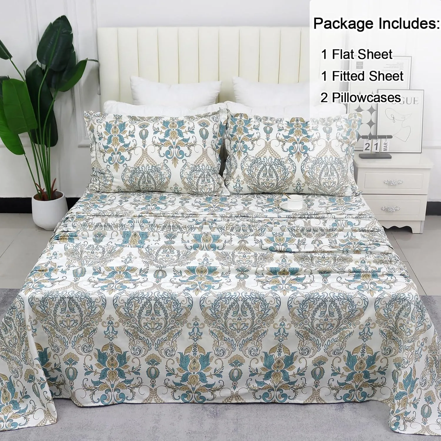 Helthep King Size Bed Sheet Set - 100% Cotton Paisley Patterned Luxury Soft Breathable Percale Sheets with 17.5 Inch Deep Pocket, Boho Style, 4 Pieces