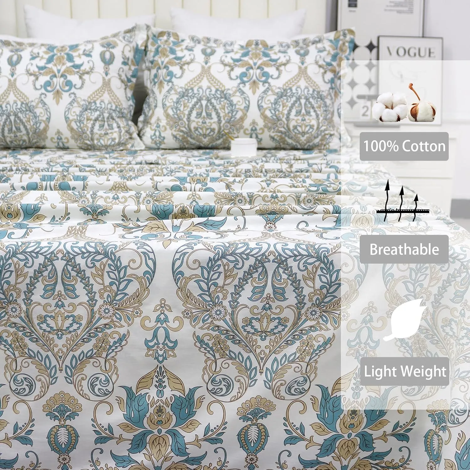 Helthep King Size Bed Sheet Set - 100% Cotton Paisley Patterned Luxury Soft Breathable Percale Sheets with 17.5 Inch Deep Pocket, Boho Style, 4 Pieces