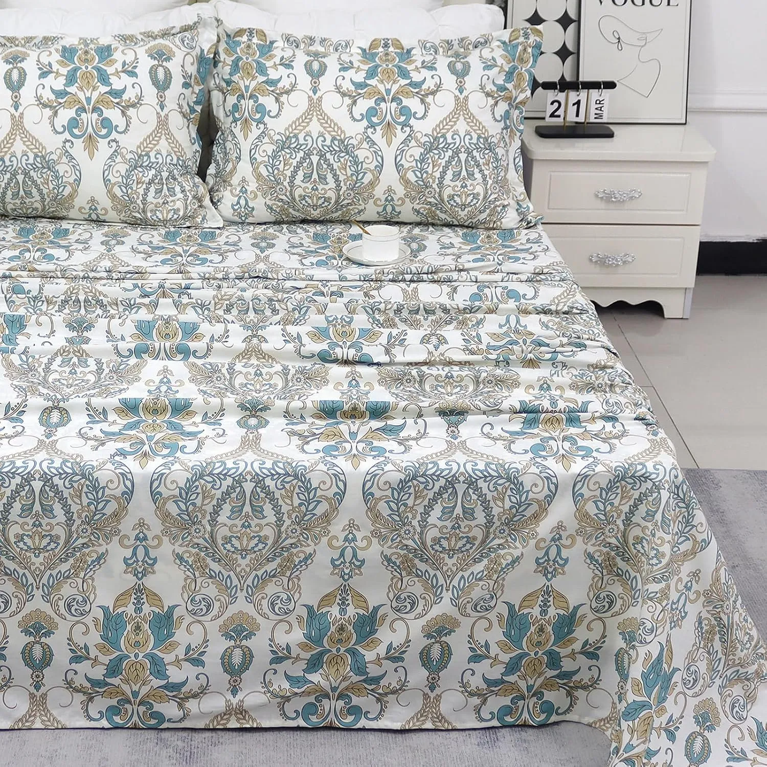 Helthep King Size Bed Sheet Set - 100% Cotton Paisley Patterned Luxury Soft Breathable Percale Sheets with 17.5 Inch Deep Pocket, Boho Style, 4 Pieces