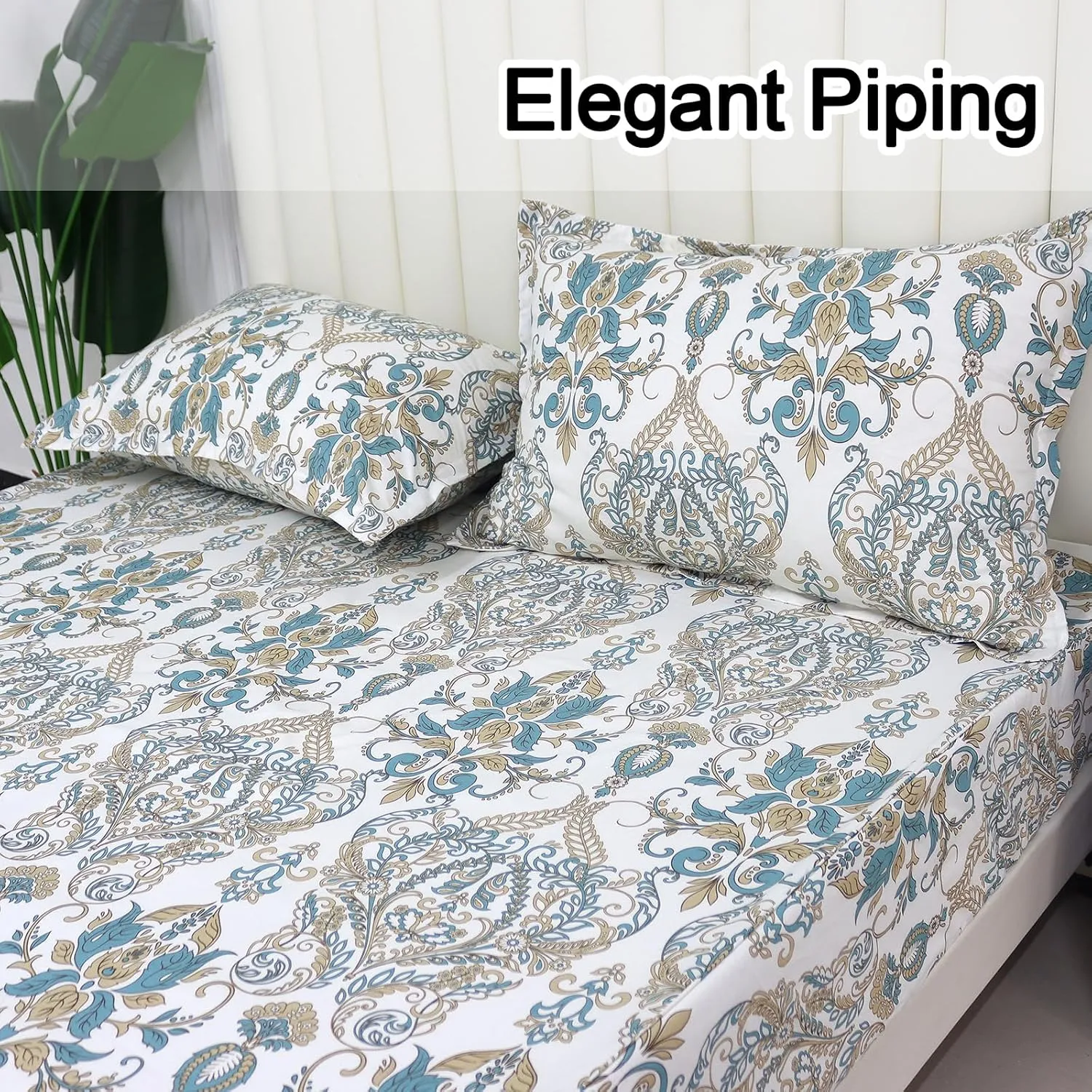 Helthep King Size Bed Sheet Set - 100% Cotton Paisley Patterned Luxury Soft Breathable Percale Sheets with 17.5 Inch Deep Pocket, Boho Style, 4 Pieces