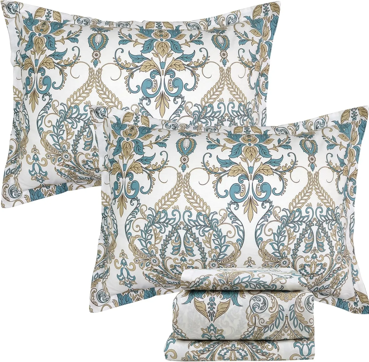 Helthep King Size Bed Sheet Set - 100% Cotton Paisley Patterned Luxury Soft Breathable Percale Sheets with 17.5 Inch Deep Pocket, Boho Style, 4 Pieces