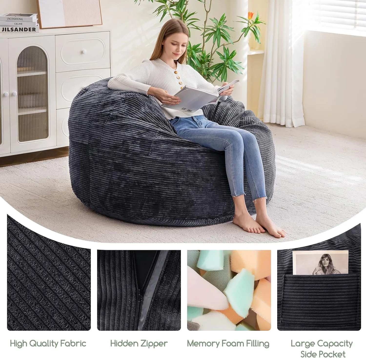 HIGOGOGO Giant Bean Bag Chair Bed for Adults,Convertible Beanbag Folds from Lazy Chair to Floor Mattress Bed,Large Floor Sofa Couch for Adult,Couples,Family,High-Density Foam Filling, Machine Washable
