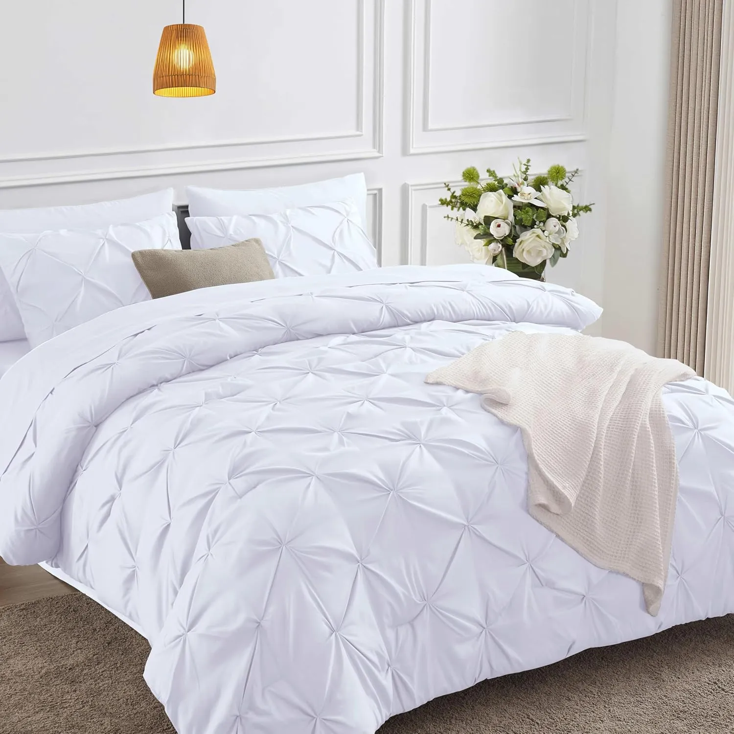 HIMEET- White Comforter Full Size Sheets and Comforter Set 7 Pieces Pintuck Breathable Comforter(82"x86") Full Bed Set Pinch Pleat Bed in a Bag Full Bedding Complete Set with Sheets,Pillowcases&Shams