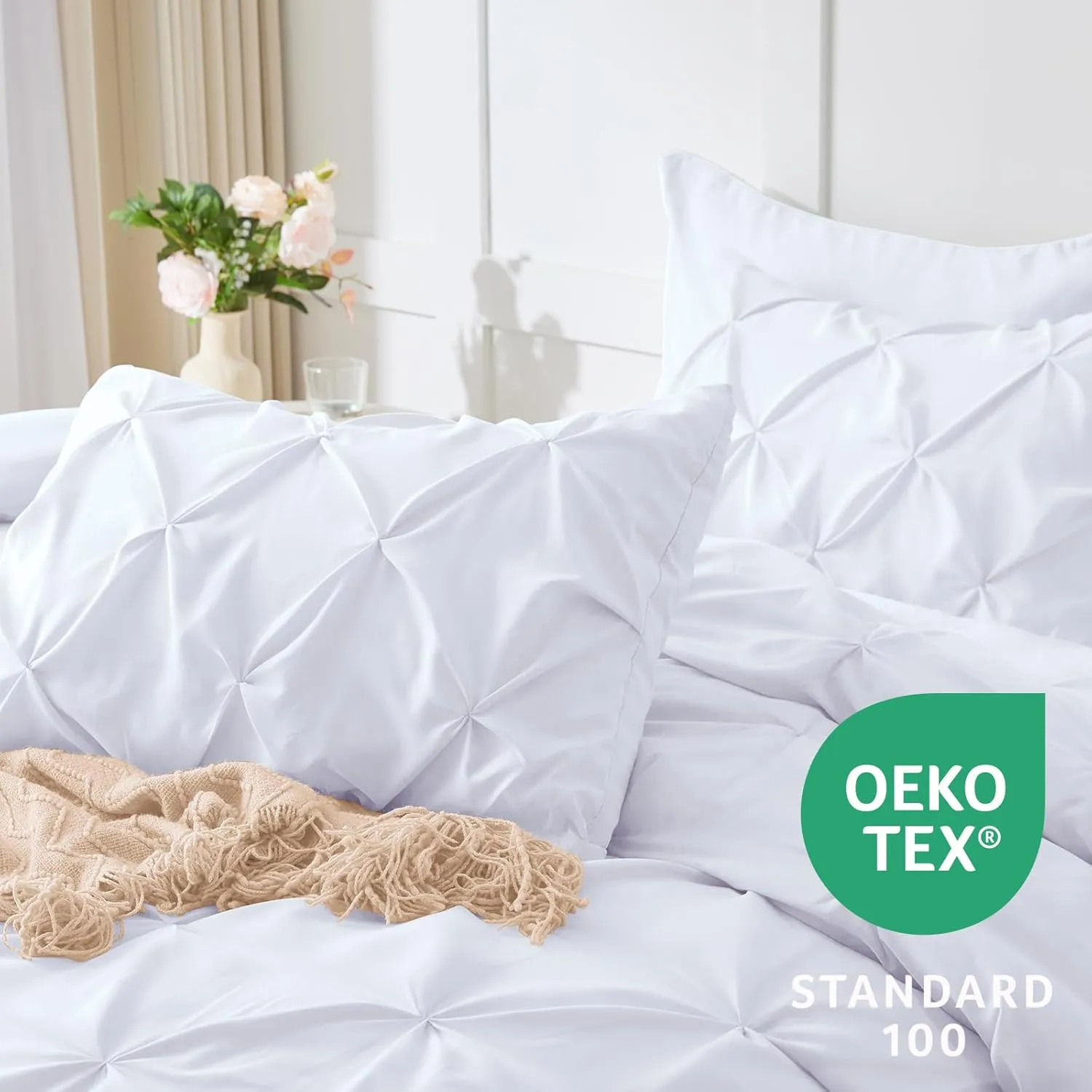 HIMEET- White Comforter Full Size Sheets and Comforter Set 7 Pieces Pintuck Breathable Comforter(82"x86") Full Bed Set Pinch Pleat Bed in a Bag Full Bedding Complete Set with Sheets,Pillowcases&Shams