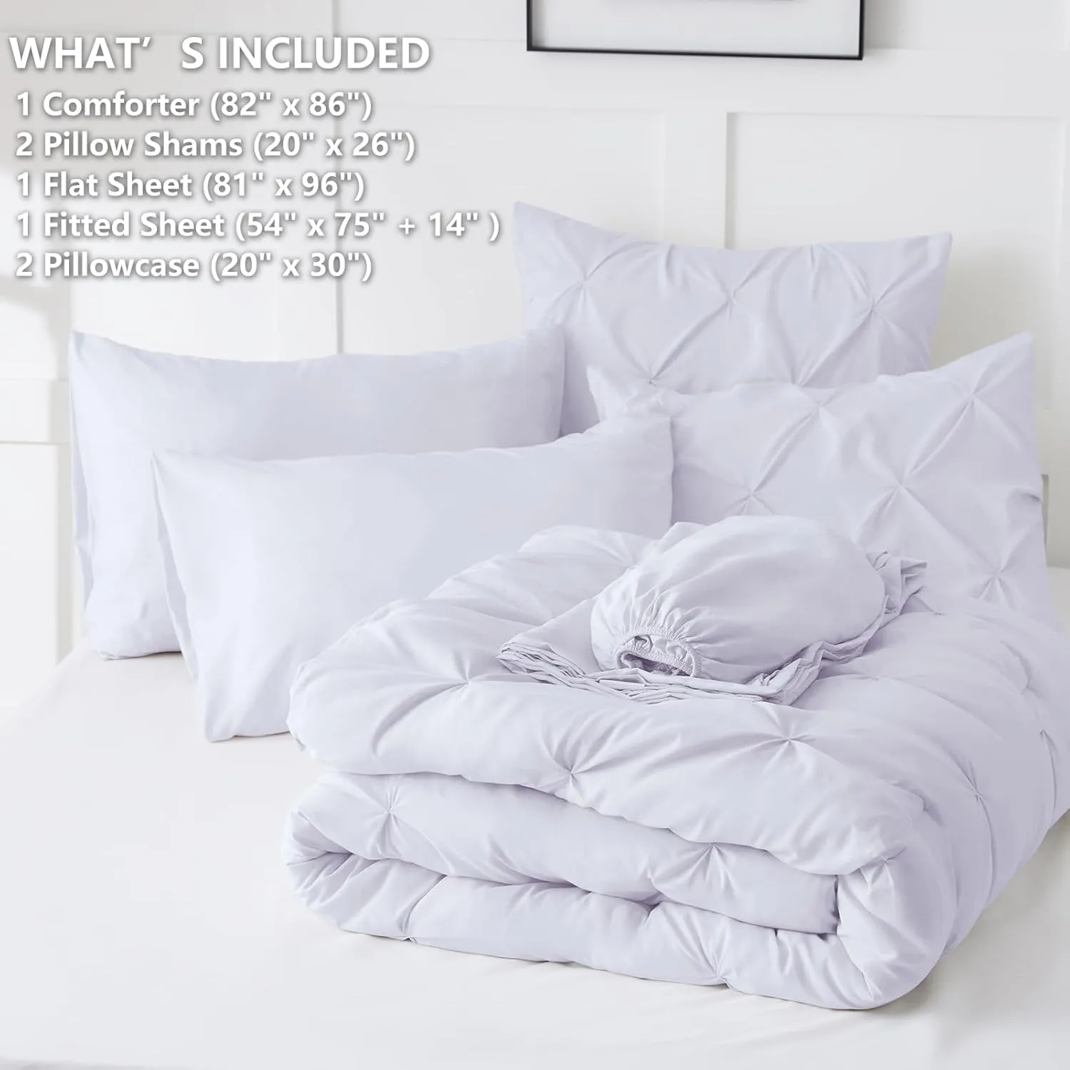 HIMEET- White Comforter Full Size Sheets and Comforter Set 7 Pieces Pintuck Breathable Comforter(82"x86") Full Bed Set Pinch Pleat Bed in a Bag Full Bedding Complete Set with Sheets,Pillowcases&Shams